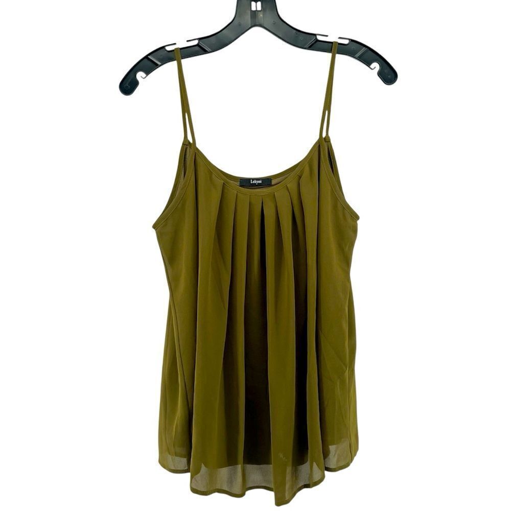 Laksmi Women’s Olive Green Pleated Chiffon Layered Sleeveless Cami Top – Medium
